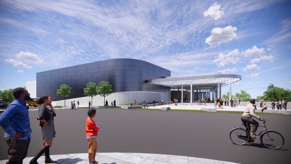 Rendering of what the outside of the Northern Virginia Science Center will look like. A sleek, modern building.